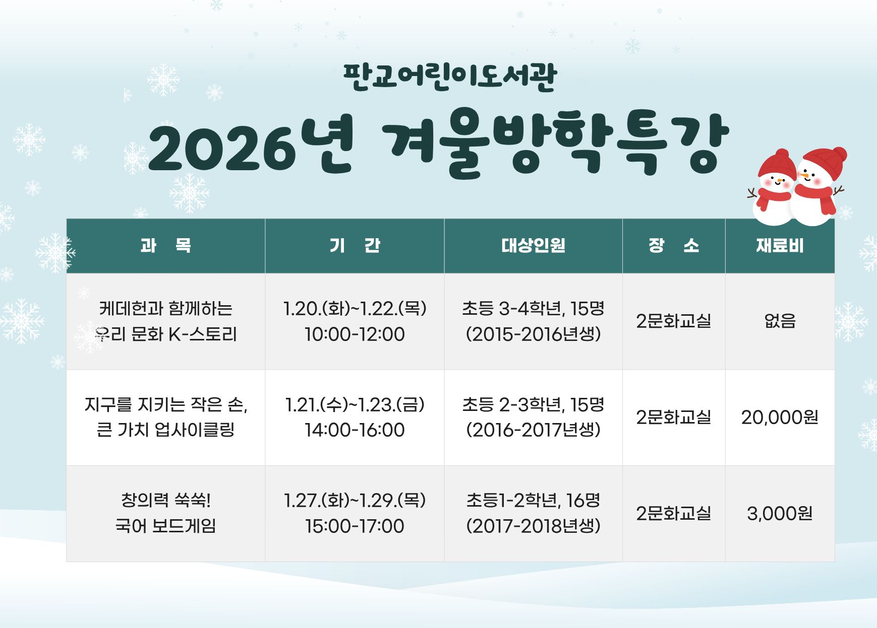 2026년 판교어린이도서관 겨울방학특강